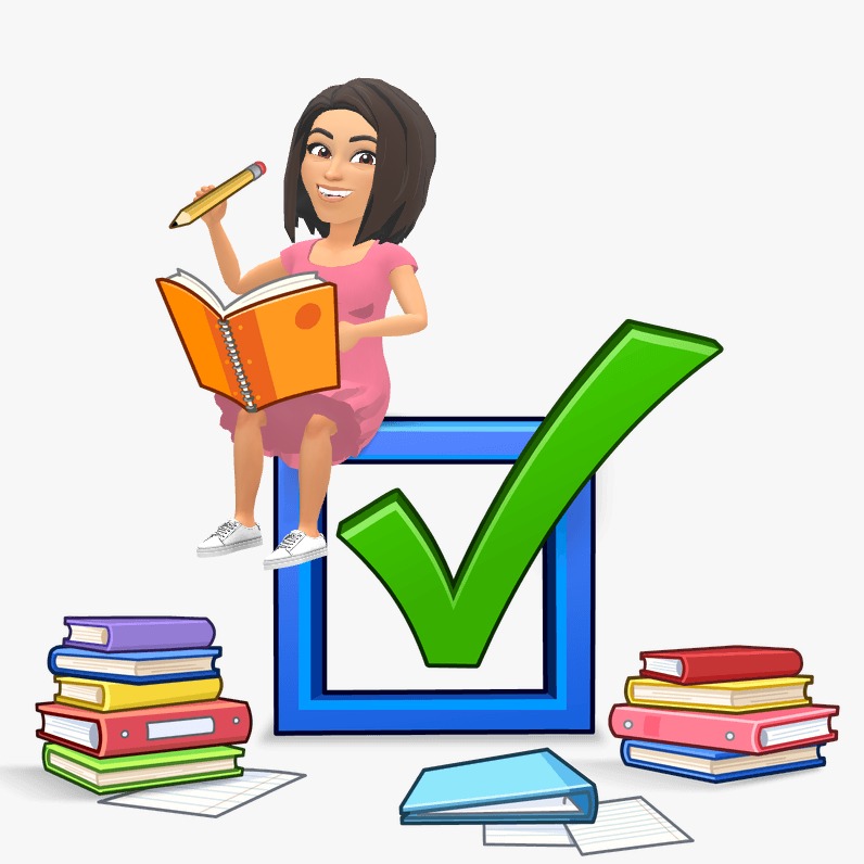 Teacher Eunice with books and a check mark